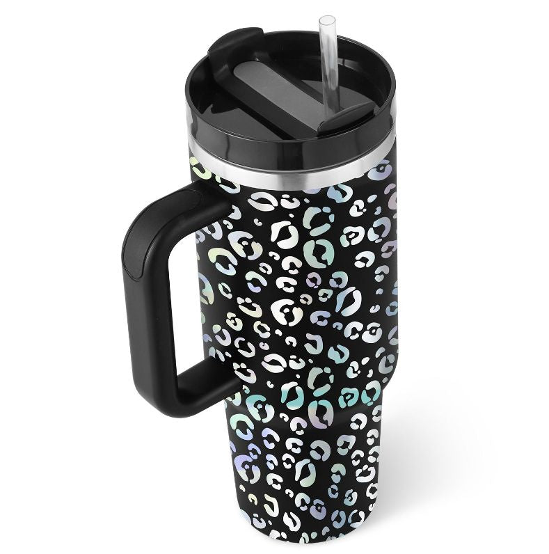 Stainless travel cup with handle and straw