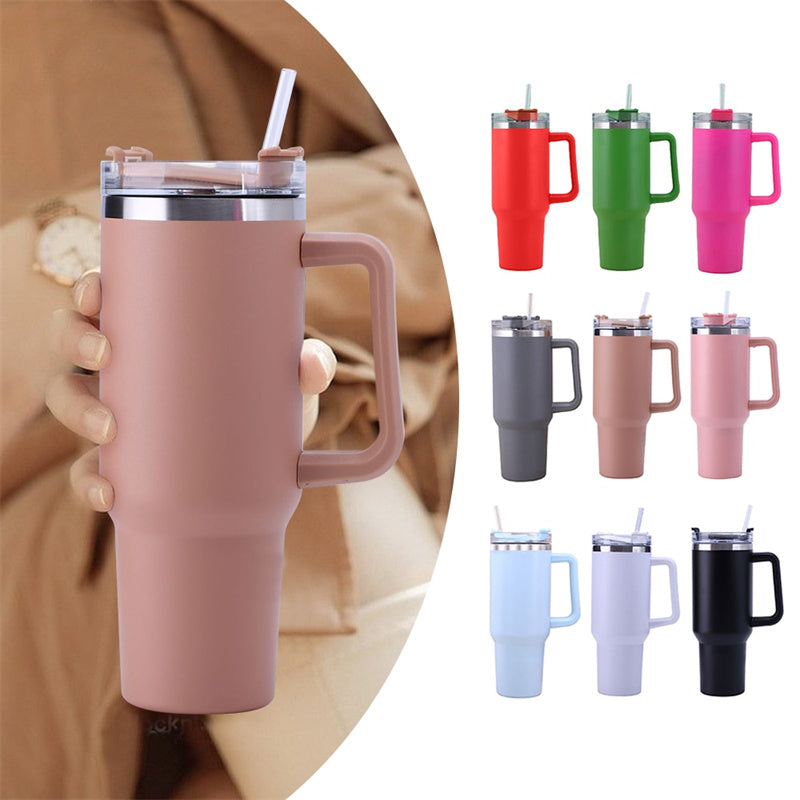 Stainless travel cup with handle and straw