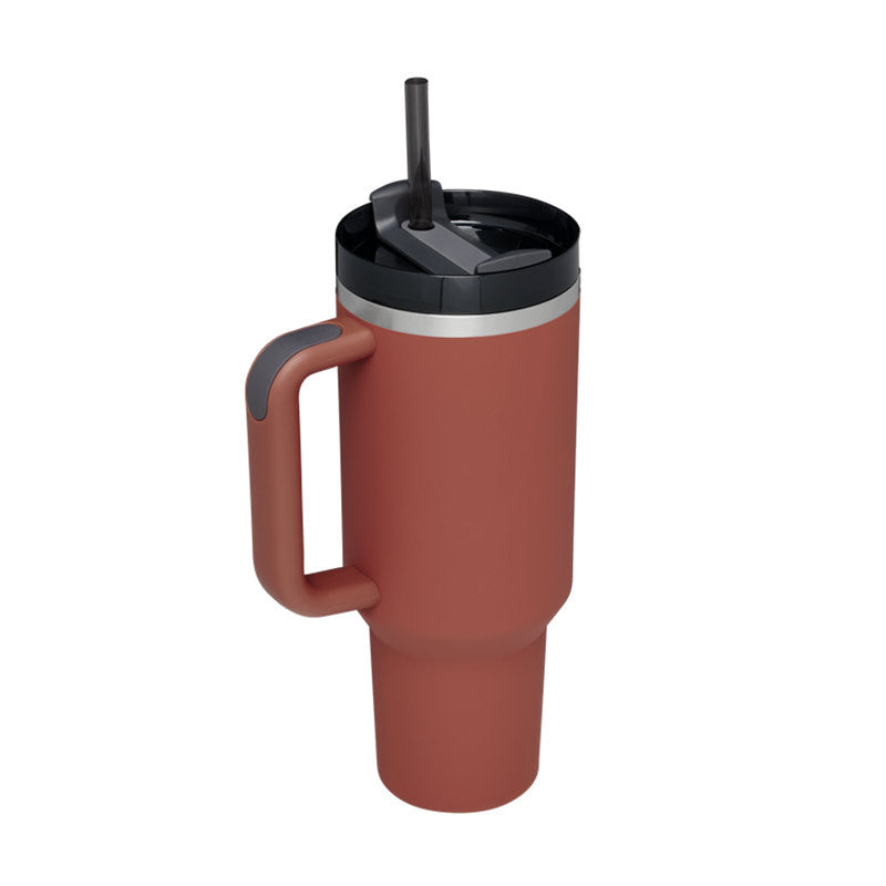 Stainless travel cup with handle and straw