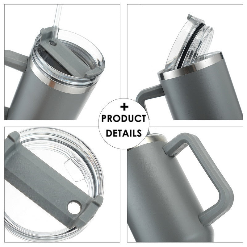 Stainless travel cup with handle and straw